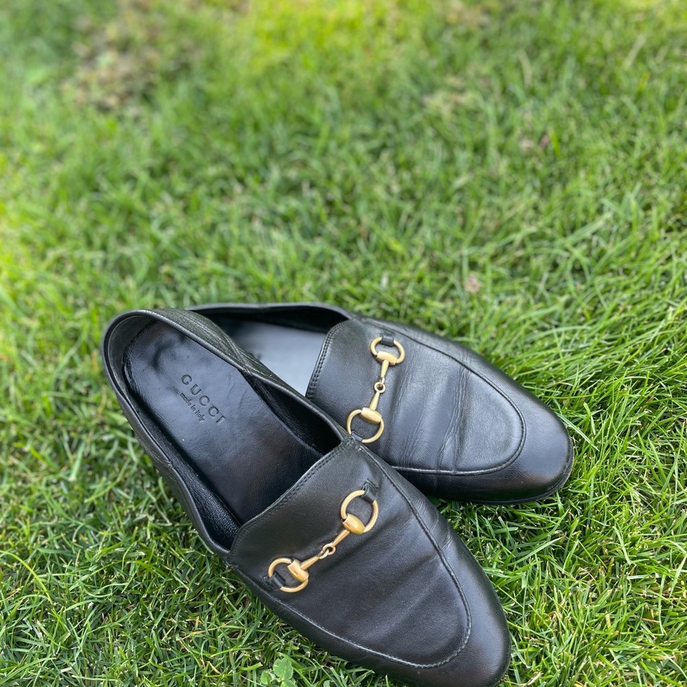 Gucci Black Leather Loafers with Gold Accents